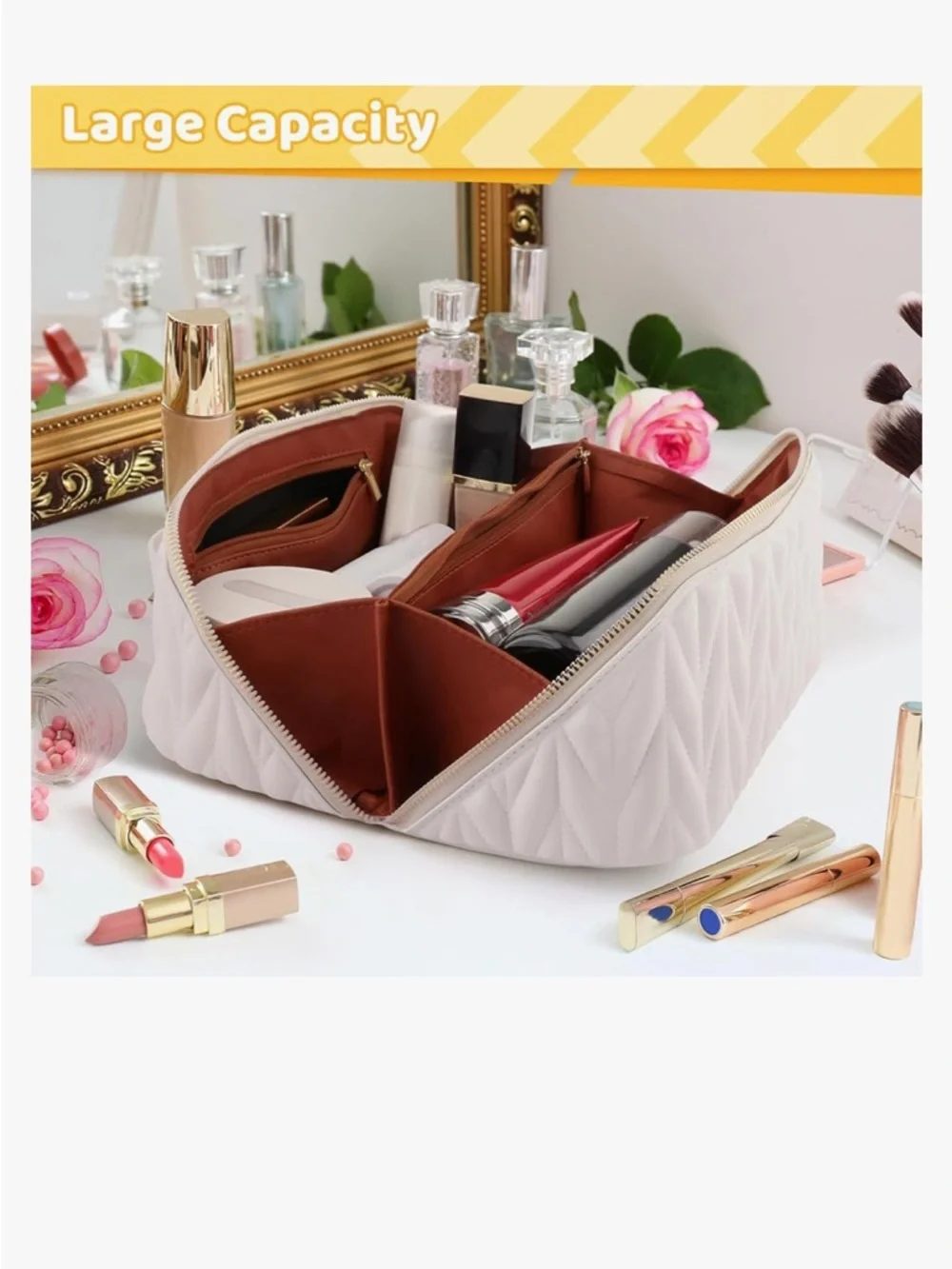 Quilted Handle Cosmetic Case - Cream - Picture 3 of 9